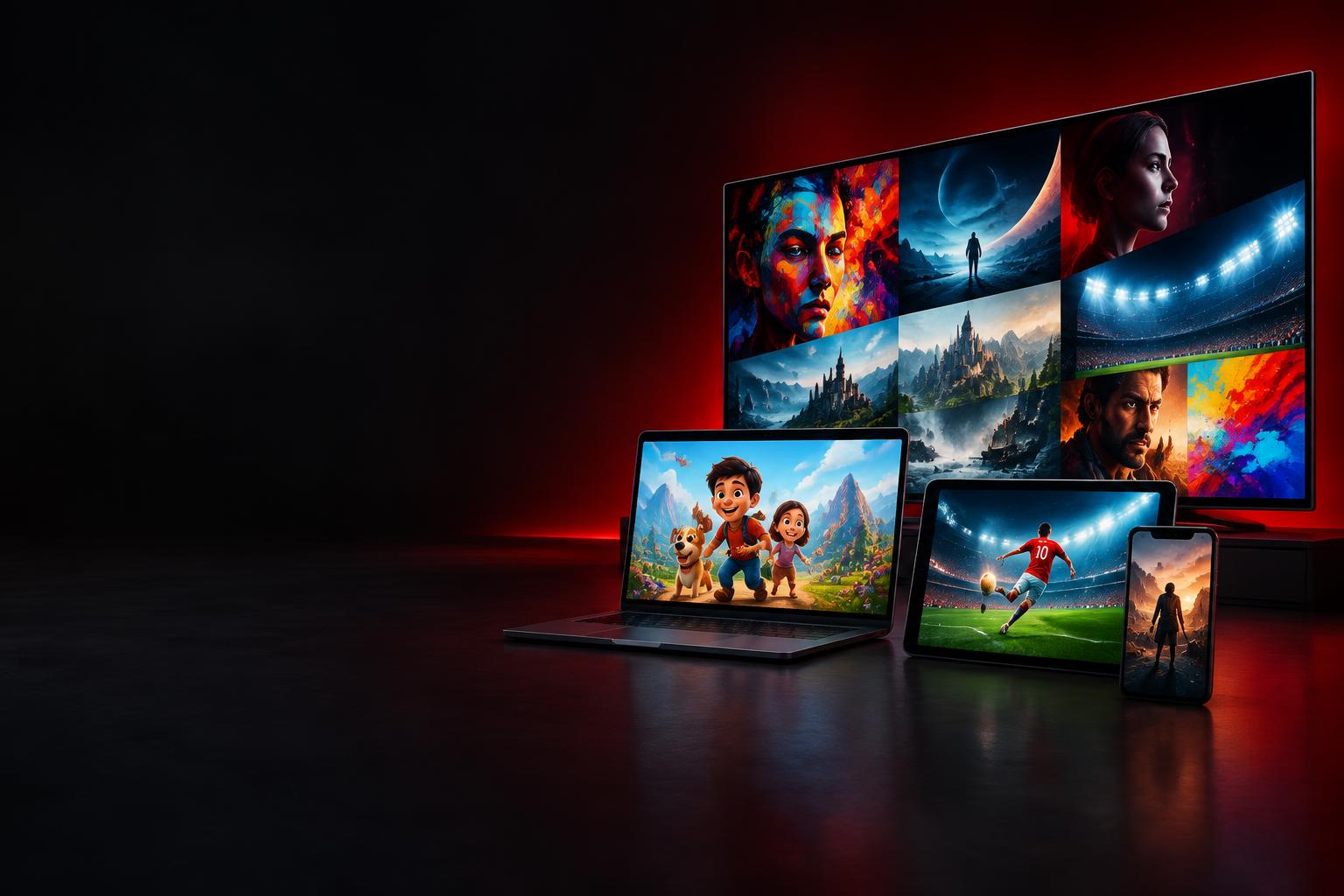 Televisão, notebook, tablet e celular exibindo opções de entretenimento
